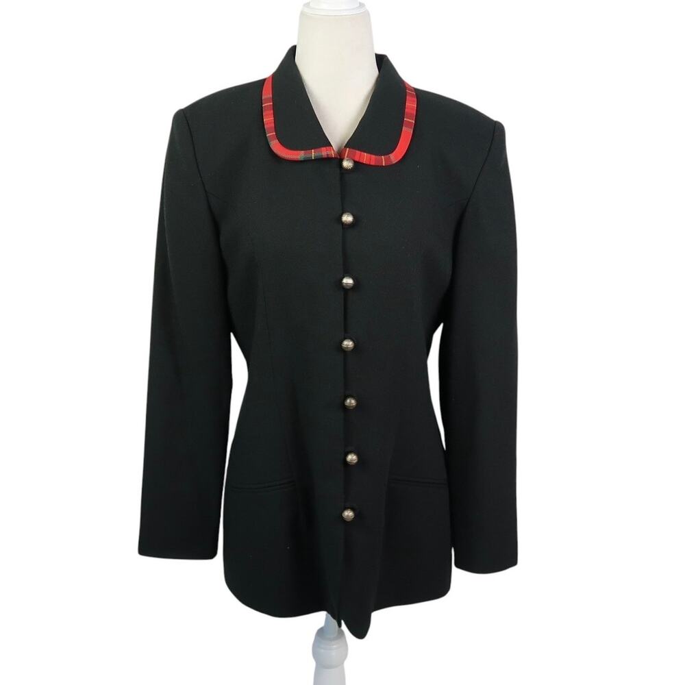 Vintage 90s Oberon Black Wool Blazer Jacket Red Plaid Trim 10